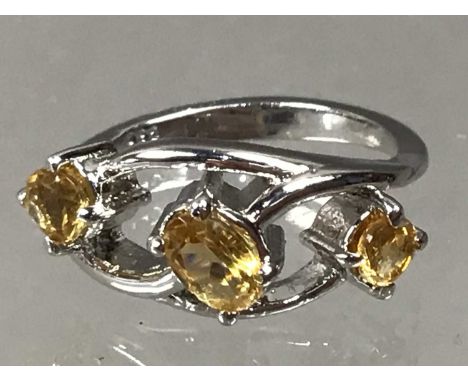 CITRINE THREE STONE RING,size O, in silver