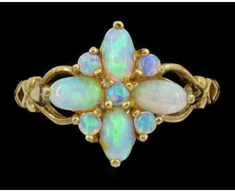 Silver-gilt opal cluster ring, stampedCondition Report:Size O