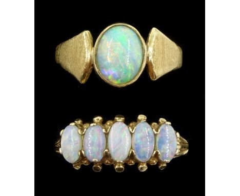 Gold single stone opal ring, with textured angular shoulders, and a gold five stone opal ring, both hallmarked 9ctCondition R