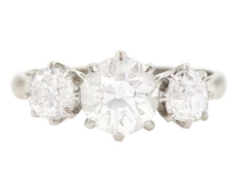 18ct white gold three stone old cut diamond ring, graduated old cut diamonds in claw settings, stamped, principal diamond app