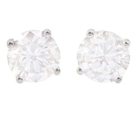 Pair of 18ct white gold round brilliant cut diamond stud earrings, total diamond weight 2.01 carat, with World Gemological In
