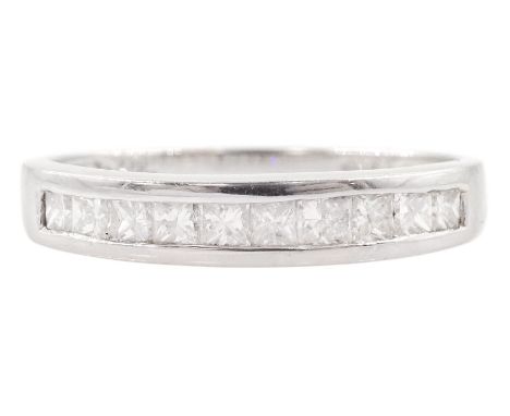 Platinum channel set princess cut diamond half eternity ring, stamped 950Condition Report:Approx 3.05gm, size N-O, diamonds b