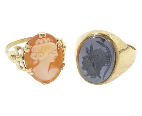 9ct gold hematite intaglio signet ring, hallmarked, and a cameo ring, with fancy ribbon bow shoulders, stamped 9ctCondition R