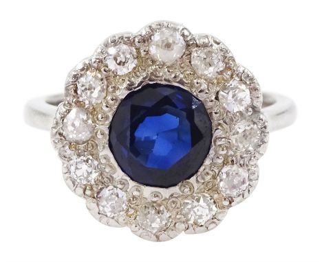 White gold round cut synthetic sapphire and old cut diamond cluster ring, stamped 18ct, total diamond weight approx 0.60 cara