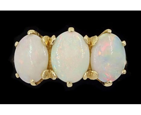 Gold three stone oval opal ring, stamped 14KCondition Report:Approx 3.9gm, size R