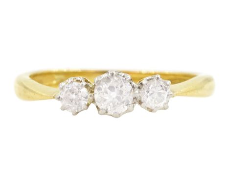 22ct gold three stone old cut diamond ring, total diamond weight approx 0.40 caratCondition Report:Approx 3.6gm, size O, shan