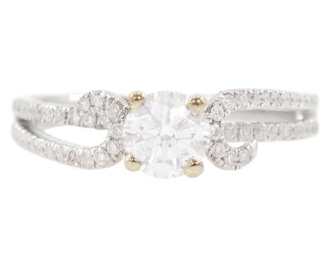 18ct white gold round brilliant cut diamond ring, with openwork diamond set shoulders, hallmarked, principal diamond approx 0