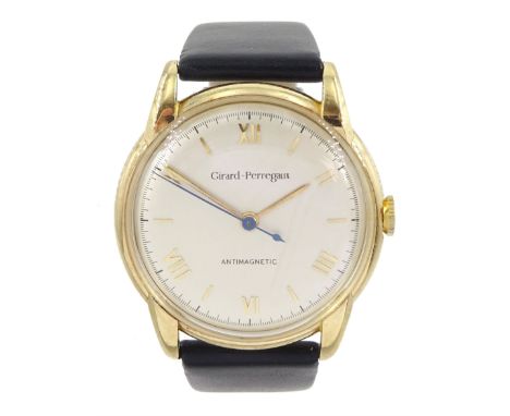 Girard-Perregaux gentleman's 14ct gold manual wind wristwatch, back case No. 448937, silvered dial with Roman numerals hour m