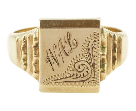 9ct gold signet ring, the rectangular bezel monogrammed and foliate engraved, to angular shoulders, hallmarkedCondition Repor