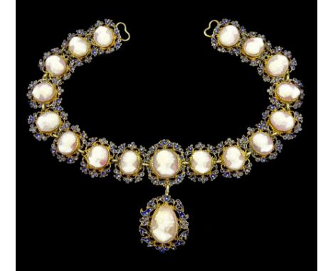Early 19th century gold double cameo necklace, graduated oval cameos depicting classical and later male and female double por