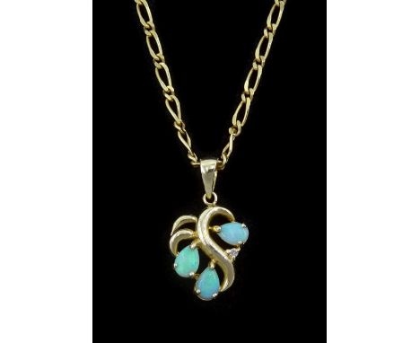14ct opal and diamond pendant on chain, three pear cut opals and a round cut diamond to a scrolling mount, stamped, to an 18c