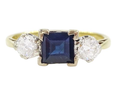 18ct gold three stone sapphire and diamond ring, square cut blue-green sapphire spaced by round brilliant cut diamonds, hallm