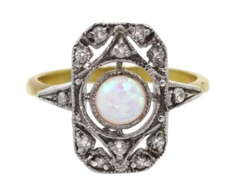 Silver-gilt opal and cubic zirconia openwork panel ring, stamped Condition Report:Size N-O