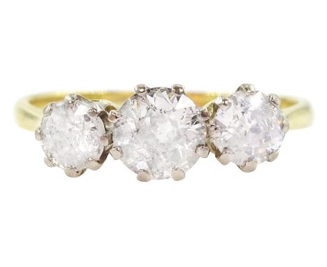 Early 20th century three stone old cut diamond ring, stamped Plat 18ct, total diamond weight 1.25 caratCondition Report:Appro