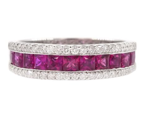 18ct white gold three row princess cut ruby and round brilliant cut diamond half eternity ring, stamped 750, total diamond we