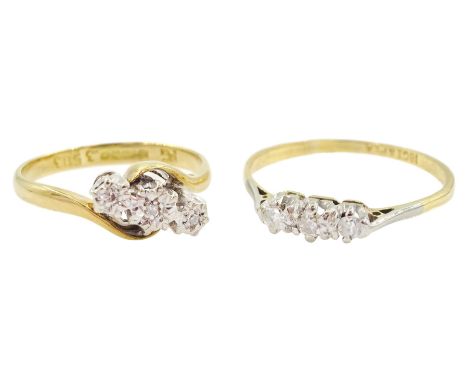 Gold three stone round cut diamond ring, stamped 18ct & PLAT and an 18ct gold three stone illusion set diamond crossover ring