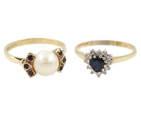 Gold heart cut sapphire and diamond cluster ring and a gold cultured pearl and garnet ring, both hallmarked 9ctCondition Repo