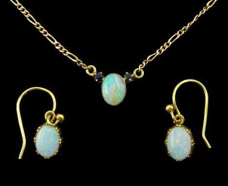 Pair of 18ct gold opal pendant earrings, oval opals in double claw settings, hallmarked, and a 9ct gold opal and sapphire pen