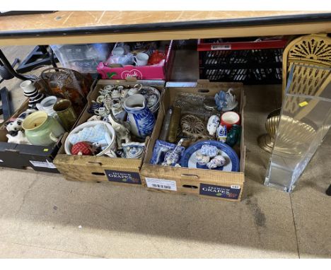 Three trays of china, and a fire screen etc.