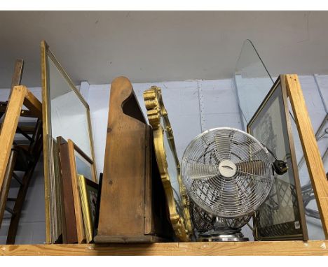 A shelf of assorted, to include a fan etc.