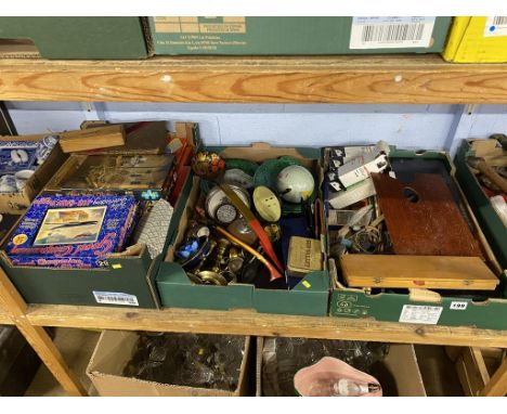 Three trays to include artists equipment, vintage jigsaws etc.