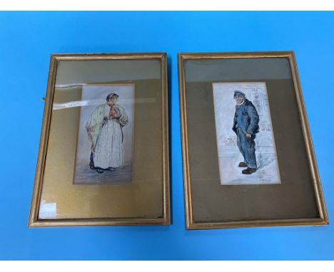 Pair, F. A. Dundas, watercolour, signed, dated 1913, Portrait of a man and woman, 21 x 11cm