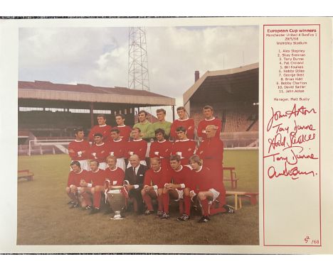 Football Manchester United multi signed European Cup Winners 1968 limited edition print includes John Aston, Tony Dunne, Davi