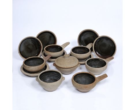 Leach Pottery, St Ives Seven standard ware soup bowls and plates with mottled brown glaze to top each marked to base rim plat