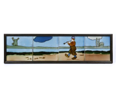 George Cartlidge for Adams & Cartlidge Pottery Four tile panel, circa 1910 decorated with a Dutch boy playing a pipe, walking