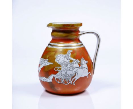 G L Ashworth 'Hector and Ajax' pottery jug, circa 1870 decorated with gilt on coral ground titled to base and numbered 7852 1
