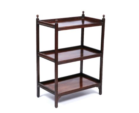 Manner of Philip Webb (British, 1831-1915) Aesthetic mahogany whatnot, made by Trapnell & Gane three tiers with reeded frame,