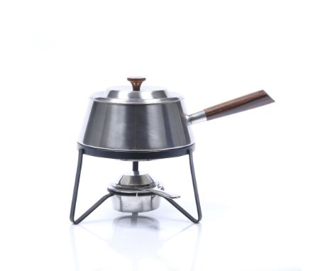 Alessi Aluminium fondue set with turned wood handle and finial factory marks to base 21.5cm high (on stand).
