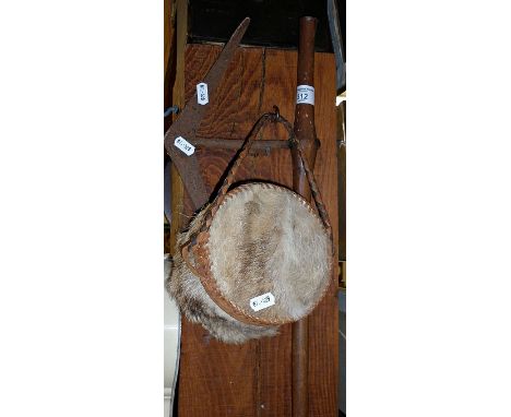 Tribal Art - African axe and an antelope fur covered box with strap