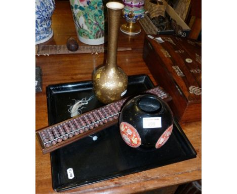 Japanese inlaid lacquer tray, two similar vases and an abacus