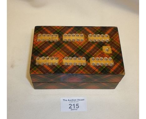 Tartan Ware cribbage box with inside advert for Clark &amp; Co.s "Anchor Thread"