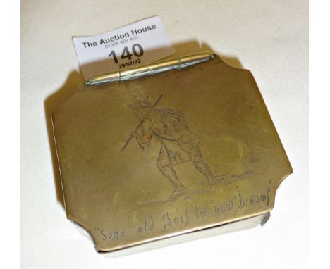 Georgian brass tinderbox or go-to-bed with fold-out candle holder and lidded compartment inside. Engraved to lid with chimney
