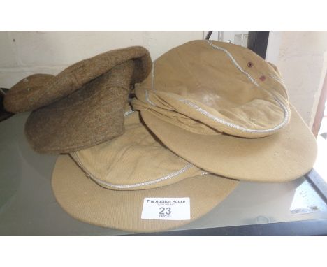 WW1 British Army forage cap and two WW2 German Afrikakorps type ski caps (A/F)