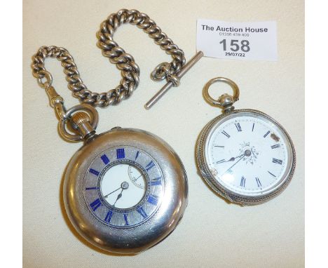 Silver and enamel half hunter pocket watch with hallmarked silver Albert chain, together with an engraved ladies' pocket watc