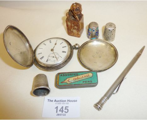 Silver pocket watch (A/F), silver thimbles, pen nib case, sterling silver pencil, and carved Chinese? seal