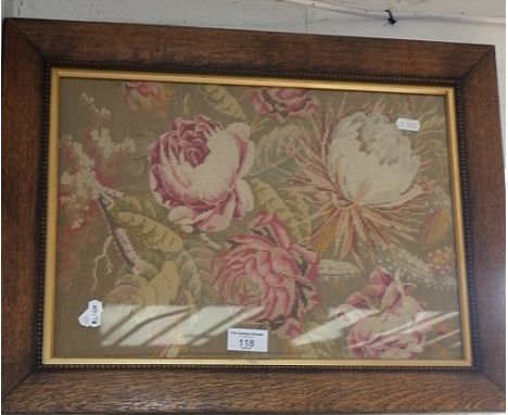 Victorian tapestry picture in oak frame and an embroidered picture of a pre-Raphaelite woman eating an apple in an orchard