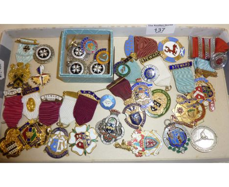 Assorted enamel badges and masonic jewels and medals, three silver inc. J. Tostrup of Norway