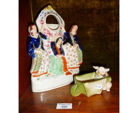 Staffordshire flatback pocket watch holder, and a German porcelain pipe smoking pig with barrow dish!