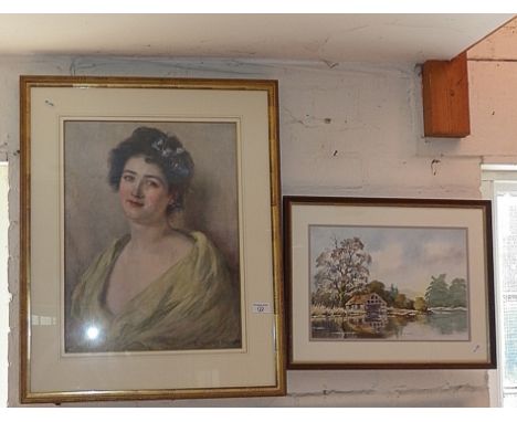 Colour print after G. Crosland Robinson of a woman and a watercolour of a river scene by Mona Saliba