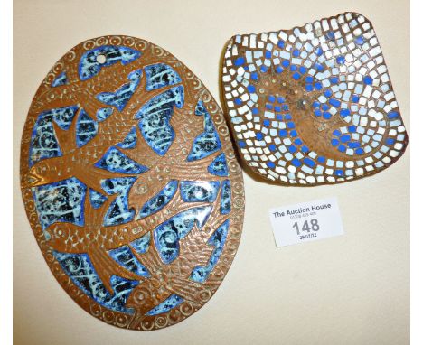 Two Arts &amp; Crafts style copper and enamel plaques depicting stylised fish and a seahorse, in the manner of Newlyn?, etc.,