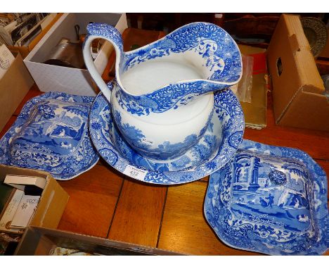 Spode blue and white Tower jug and basin an a pair of tureens