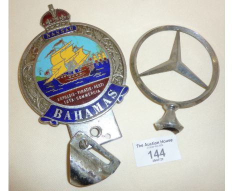 Rare Nassau Bahamas enamel car grille badge together with a Mercedes Benz hood ornament