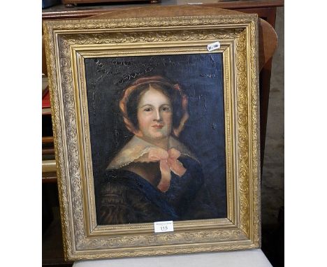 19th c. oil on canvas portrait of a woman with bonnet and quaker-type collar, artist unknown, gilt frame, 18" x 16"