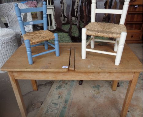 Two seater child's school desk, and two rush seat child's chairs