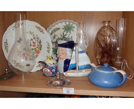 Assorted china items and three glass oil lamp funnels