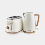 Boxed Fika Cream & Wood Kettle & 2 Slice Toaster Set. - P$.